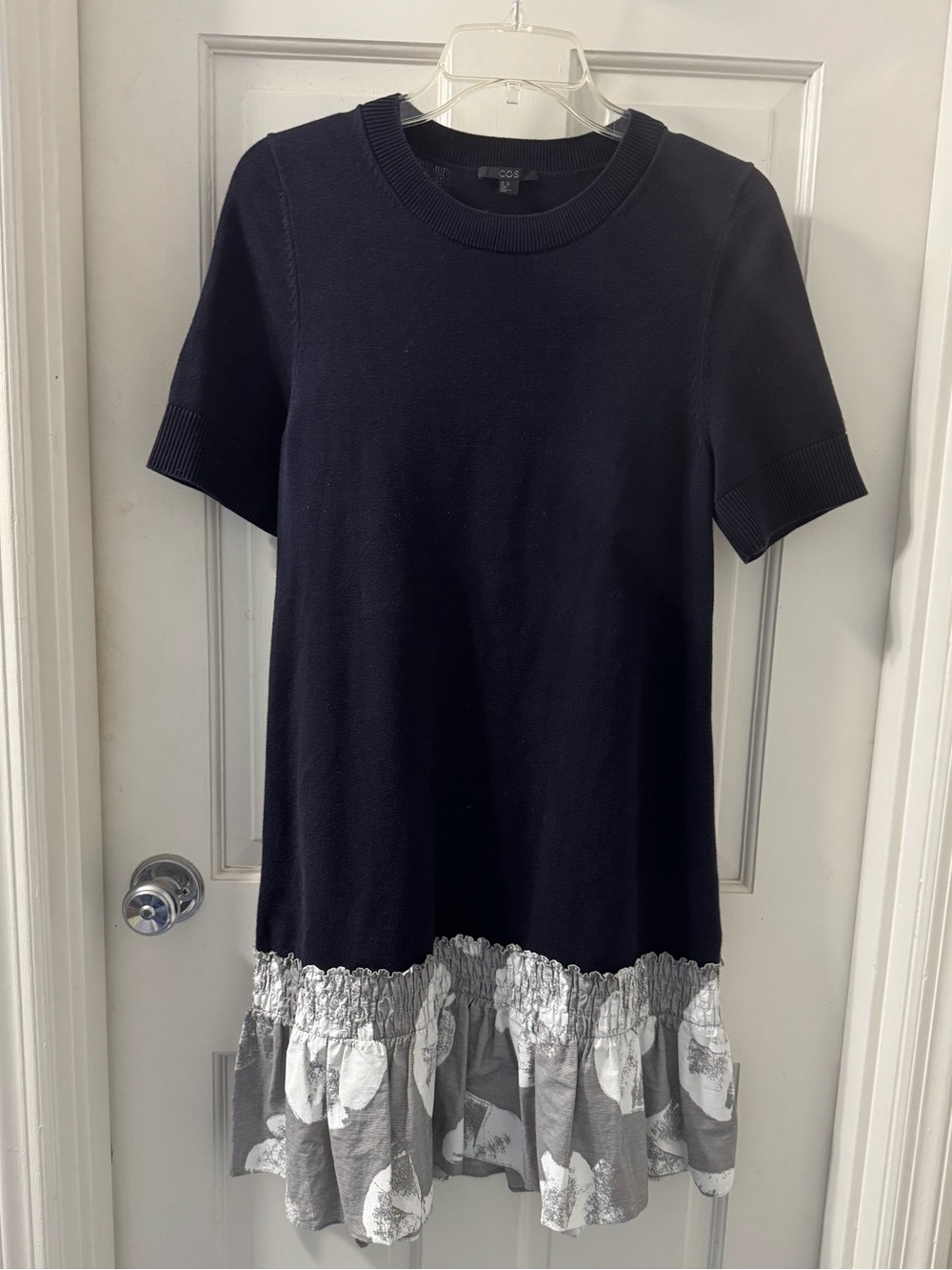 COS  navy blue 100% cotton knit s/s dress XS patterned ruffle hem